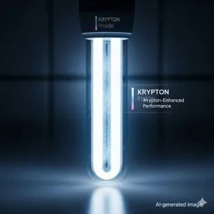 Bombilla incandescente rellena de kriptón. Este gas noble se utiliza para mejorar la eficacia luminosa y prolongar la vida útil de las bombillas, ofreciendo una solución de iluminación de alto rendimiento.