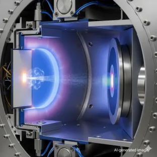 Vista en sección de un proceso de deposición física de vapor (PVD) con un plasma de kriptón. El gas se utiliza para el recubrimiento de materiales, mejorando sus propiedades con depósitos de alta calidad.