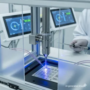 Sistema láser de laboratorio en funcionamiento, utilizando kriptón como gas de relleno. La imagen ilustra su papel en los láseres excimer para la litografía y la calibración de alta precisión en la investigación científica.