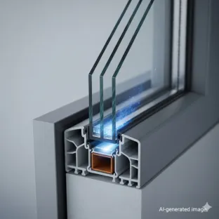 Corte transversal de un doble acristalamiento con gas kriptón entre las capas de vidrio. Esta imagen demuestra el uso del kriptón para un aislamiento térmico superior y una mayor eficiencia energética en los edificios.