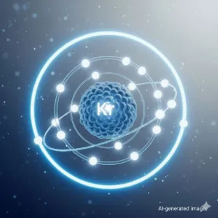 Representación científica de un átomo de kriptón (Kr). La imagen se centra en su estructura atómica, destacando su densidad y estabilidad, propiedades clave para aplicaciones como el aislamiento térmico y los láseres científicos.