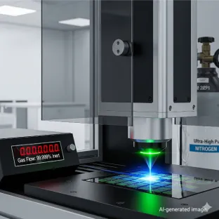 Sistema láser de precisión en acción sobre un chip electrónico. El neón se utiliza como gas portador en los láseres excimer para la fotolitografía y el tratamiento de metales, destacando su papel en las industrias de alta tecnología.