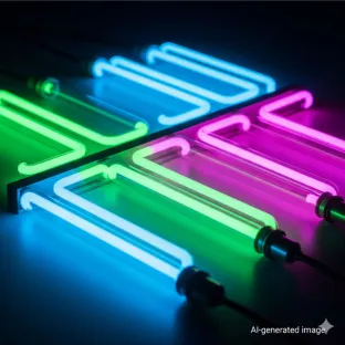 Tubos de neón luminosos de colores vivos (azul, verde, rosa) para letreros publicitarios. El neón, un gas noble, se utiliza en la iluminación publicitaria y la decoración por su luz intensa y su bajo consumo de energía.