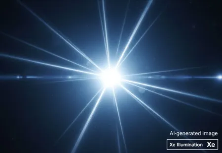 Faro de coche moderno con un potente haz de luz de xenón. Esta imagen destaca la intensidad y la claridad de la iluminación de xenón, un gas noble utilizado en los faros de los vehículos y en las lámparas de descarga.