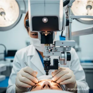 Cirujano oftalmólogo utilizando un láser de xenón para una cirugía refractiva. La imagen muestra la precisión y la seguridad del uso del xenón, un gas noble, en los láseres médicos para aplicaciones en oftalmología y anestesia.