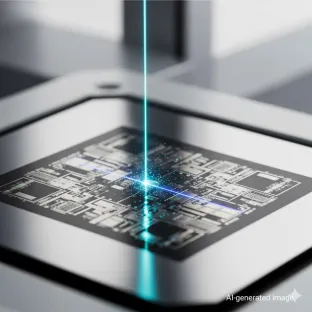 Proceso de litografía por láser sobre un chip electrónico. El xenón es un componente clave de los láseres excimer utilizados en la industria de los semiconductores para el grabado de alta precisión de componentes microelectrónicos.