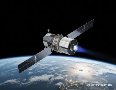 Satélite en órbita terrestre utilizando un sistema de propulsión iónica de xenón. El gas xenón es un propelente ideal para el sector aeroespacial gracias a su alta densidad, asegurando un mantenimiento en órbita de larga duración y maniobras precisas.