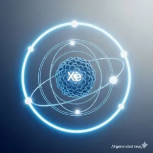 Representación científica de un átomo de Xenón (Xe). La imagen se centra en su estructura atómica, destacando su estabilidad y su naturaleza inerte, propiedades esenciales para su uso en campos de vanguardia como la investigación, los semiconductores y la imagen médica.