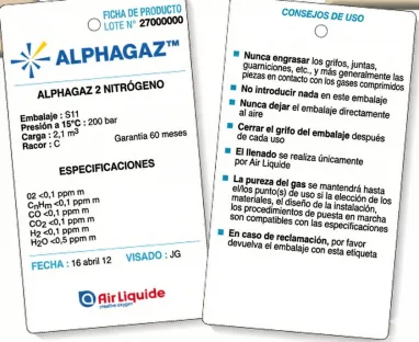 Ficha de especificaciones (o ficha del producto) adjunta a las botellas de gases puros.