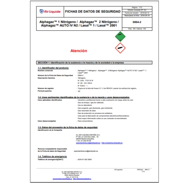 ficha de datos seguridad LASAL Air Liquide